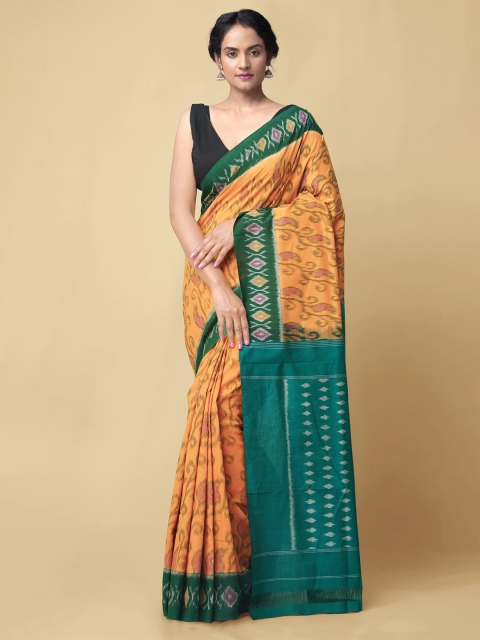 

Unnati Silks Orange & Green Ikat Woven Design Pure Handloom Cotton Pochampally Saree