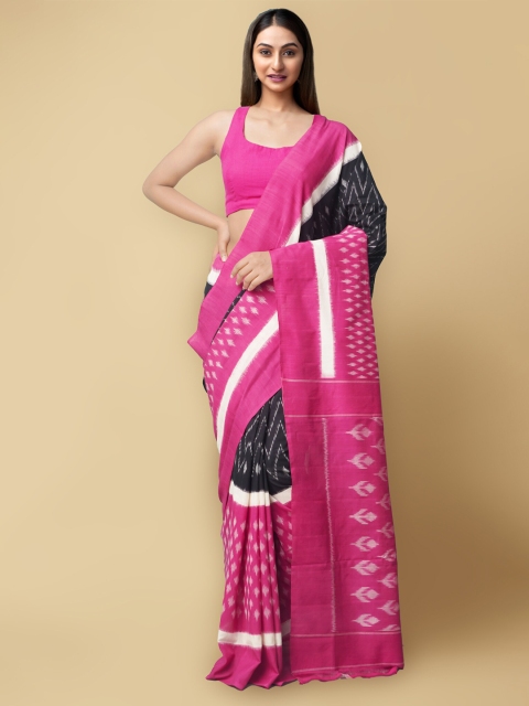 

Unnati Silks Black & Pink Pure Cotton Pochampally Saree