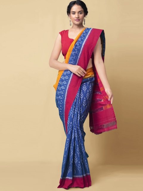 

Unnati Silks Blue & Magenta Pure Cotton Handloom Sustainable Ikat Pochampally Saree