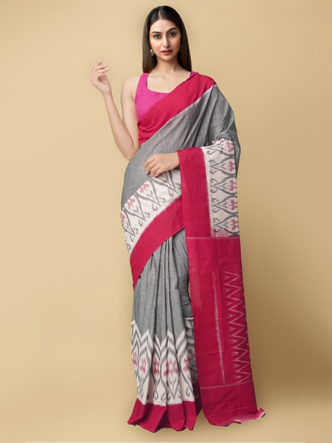 

Unnati Silks Grey & Pink Woven Design Pure Cotton Pochampally Saree