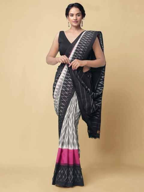 

Unnati Silks Grey & Black Ikat Woven Design Pure Handloom Cotton Pochampally Saree