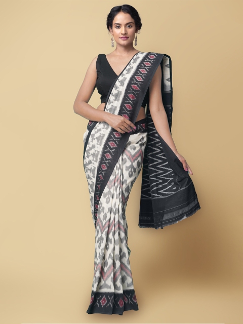 

Unnati Silks White & Black Pure Cotton Pochampally Saree