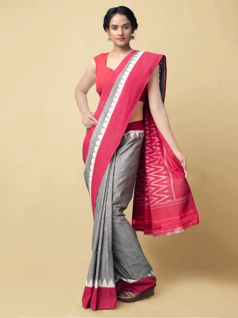 

Unnati Silks Women Grey & Pink Pure Handloom Pochampally Ikat Cotton Saree