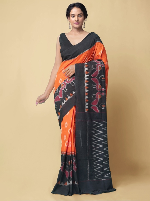 

Unnati Silks Orange & Black Pure Cotton Pochampally Sustainable Saree
