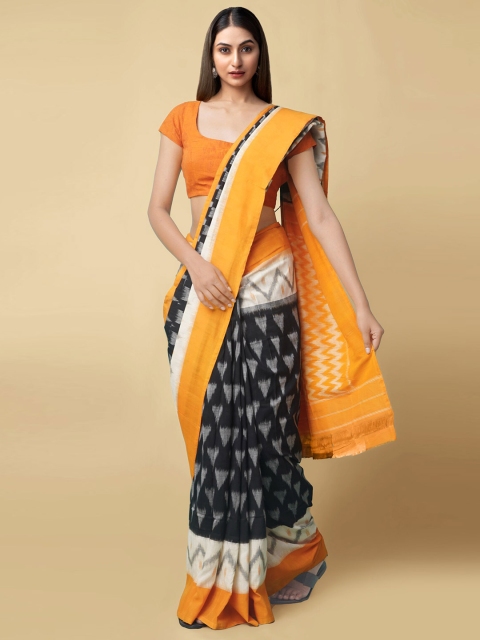 

Unnati Silks Black & Yellow Pure Ikat Cotton Sustainable Pochampally Saree