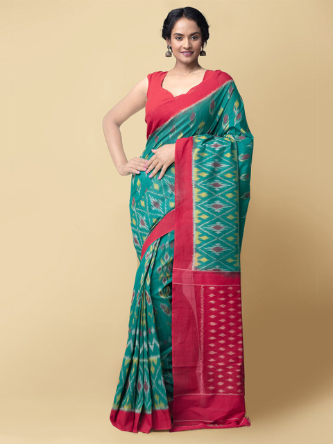 

Unnati Silks Teal & Teal Pure Cotton Pochampally Saree