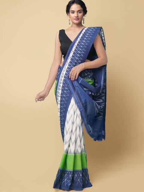 

Unnati Silks White & Blue Pure Cotton Handloom Sustainable Ikat Pochampally Saree