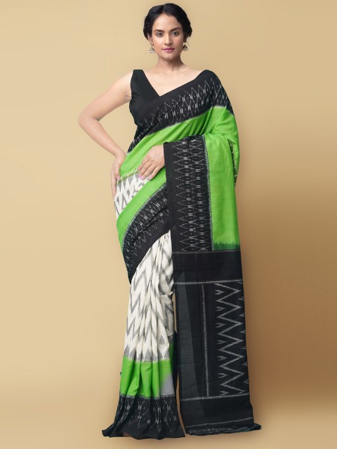 

Unnati Silks Cream-Coloured & Black Woven Design Pure Cotton Pochampally Saree