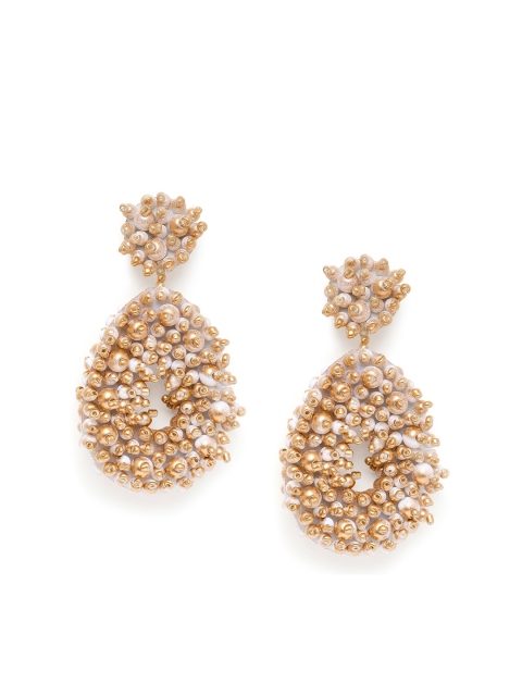 

Blisscovered Gold-Toned & White Pearls Studded Teardrop Shaped Drop Earrings