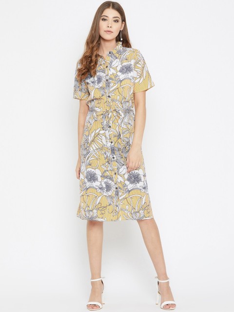 

Ruhaans Yellow & White Floral Georgette A-Line Dress