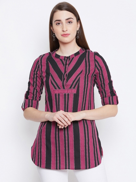 

Ruhaans Black & Pink Mandarin Collar Striped Tunic