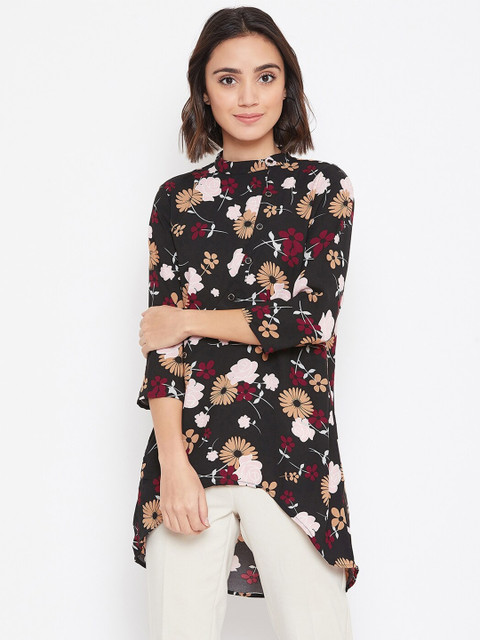 

Ruhaans Black & Burgundy High Neck Printed Tunic