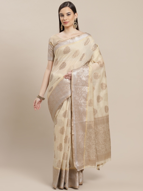 

SHANGRILA Cream-Coloured & Golden Ethnic Motifs Zari Saree