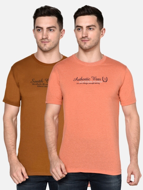 

ELEGANCE Men Peach-Coloured & Brown Set of 2 Typography Printed T-shirt