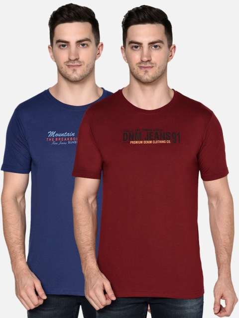 

ELEGANCE Men Maroon & Blue Set of 2 Typography Printed T-shirt