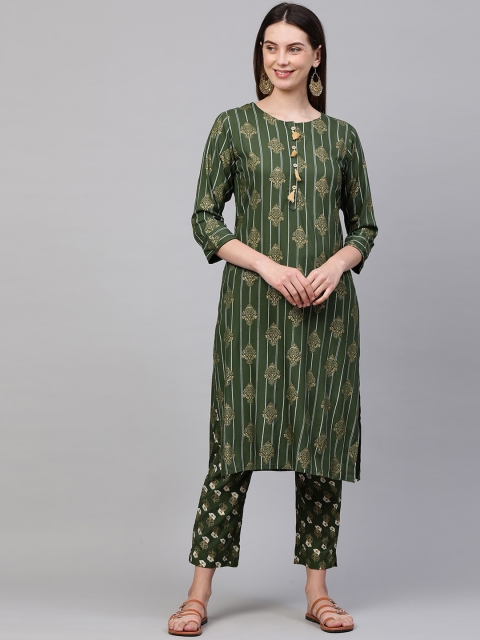 

FASHOR Women Green Ethnic Motifs Printed Kurta with Trousers