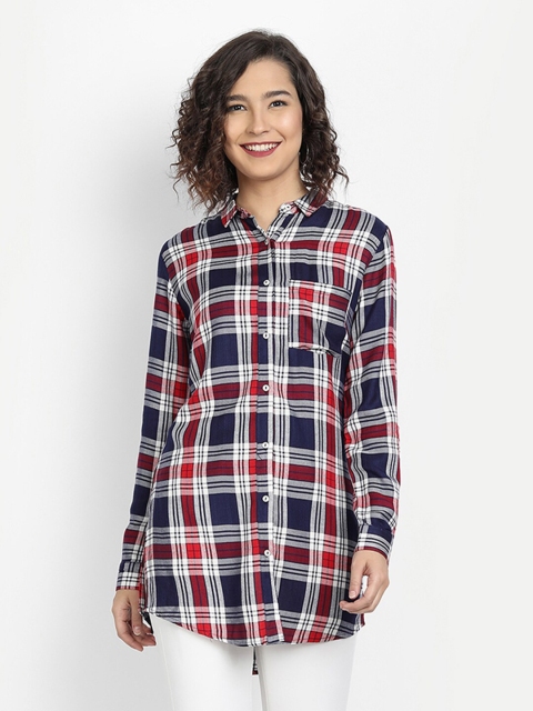 

IX IMPRESSION Women Navy Blue & Red Checked Shirt Style Longline Top