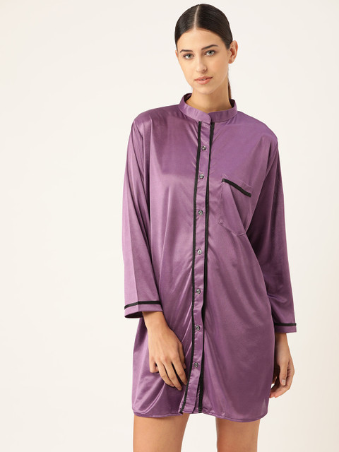 

MRASIS Women Purple Solid Satin Finish Longline Sleep Shirt
