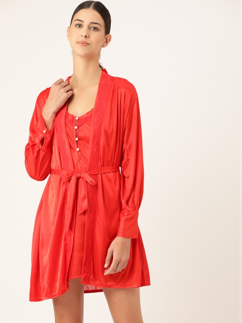 

MRASIS Red Solid Nightdress with Robe & Belt