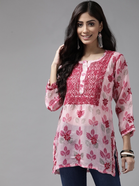

ADA Pink & Maroon Sustainable Ethnic Motifs Printed Chikankari Kota Kurti