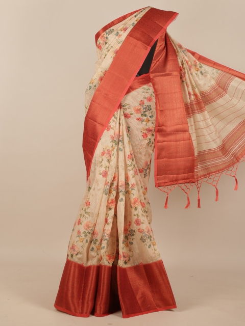 

Pothys Cream-Coloured & Red Floral Printed Pure Silk Saree