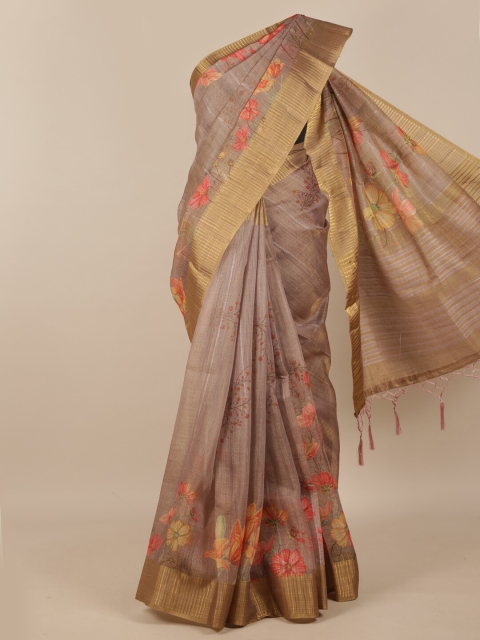 

Pothys Brown & Pink Floral Printed Phulkari Pure Silk Saree