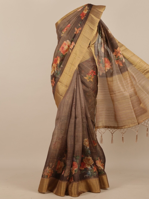 

Pothys Brown & Red Floral Printed Zari Pure Phulkari Silk Saree