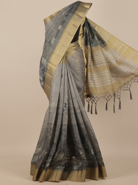 

Pothys Grey & Gold-Toned Floral Zari Pure Silk Saree