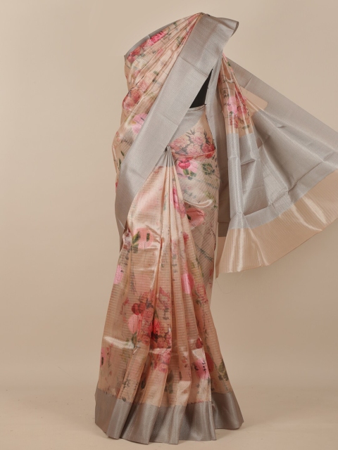 

Pothys Peach-Coloured & Green Floral Zari Pure Kosa Silk Saree