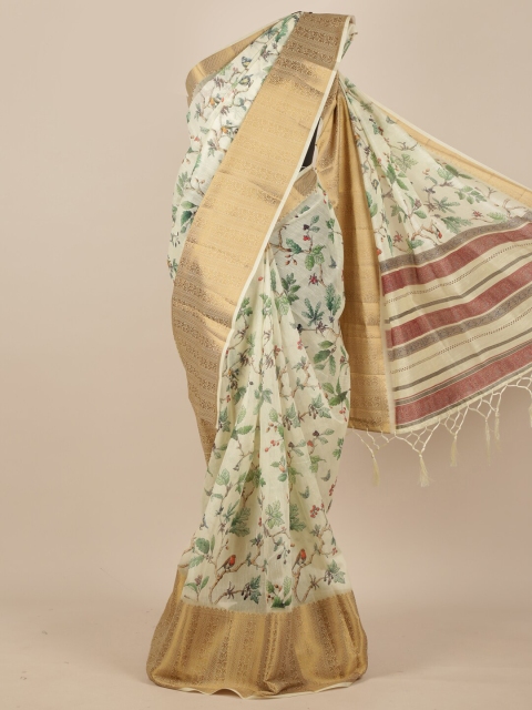 

Pothys Cream-Coloured & Green Floral Zari Phulkari Pure Silk Saree