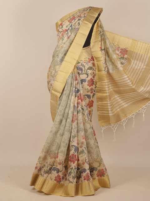 

Pothys Cream-Coloured & Blue Floral Printed Phulkari Pure Silk Saree