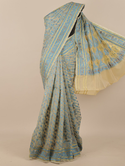 

Pothys Cream-Coloured & Blue Geometric Woven Design Kosa Pure Silk Saree