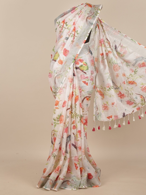 

Pothys Cream-Coloured & Pink Floral Pure Silk Saree