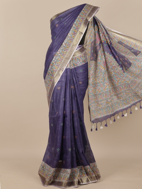 

Pothys Purple & Cream-Coloured Ethnic Motifs Printed Zari Pure Matka Silk Saree