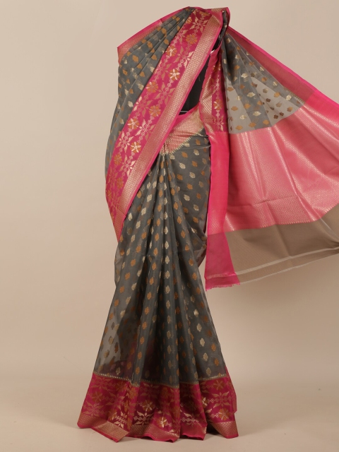

Pothys Grey & Pink Ethnic Motifs Printed Zari Pure Kosa Silk Saree