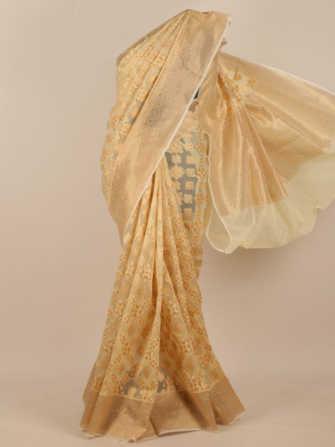 

Pothys Cream-Coloured & Gold-Toned Floral Pure Silk Saree