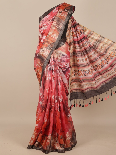 

Pothys Pink & Grey Floral Printed Pure Silk Tussar Saree
