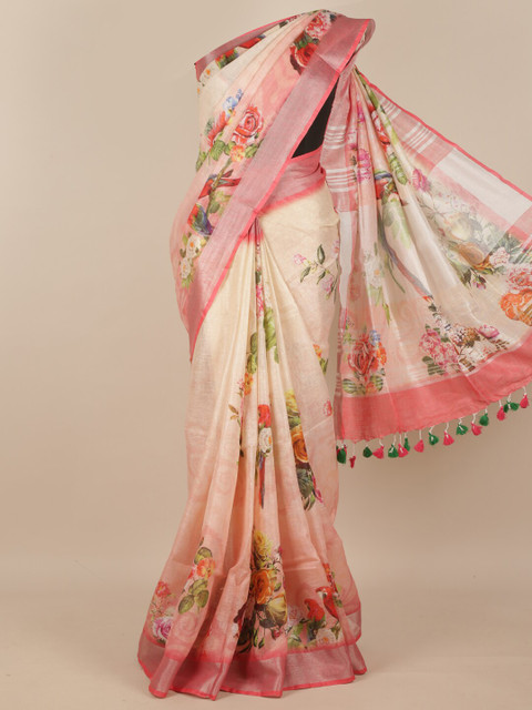 

Pothys Cream-Coloured & Pink Floral Zari Pure Silk Saree