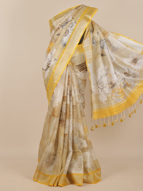 

Pothys Yellow & White Floral Printed Pure Matka Silk Saree