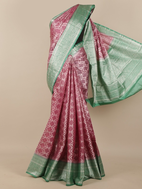 

Pothys Pink & Green Woven Design Zari Pure Silk Tussar Saree