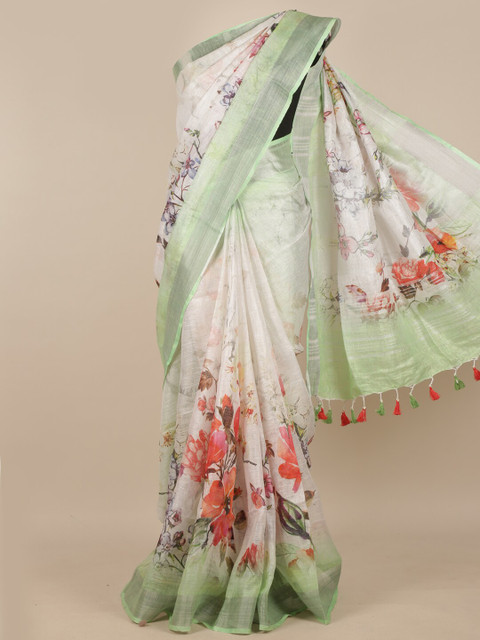 

Pothys White & Green Floral Zari Pure Silk Saree