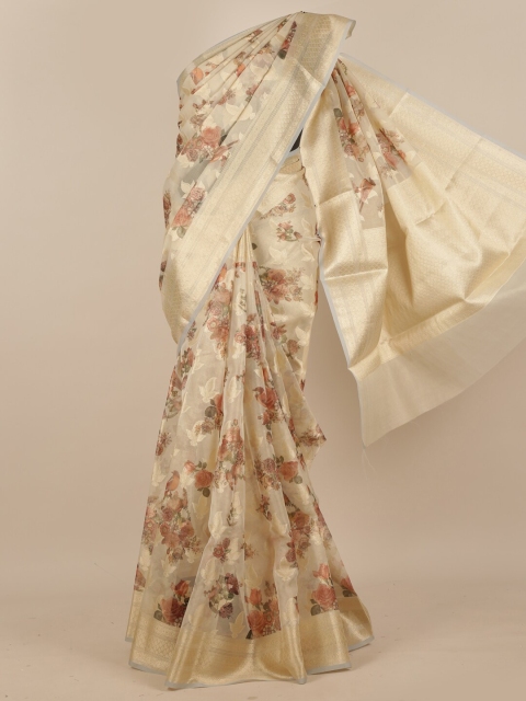 

Pothys Cream-Coloured & Brown Floral Pure Silk Saree