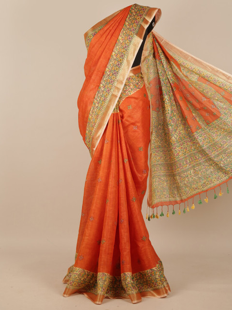 

Pothys Orange & Green Ethnic Motifs Printed Matka Pure Silk Saree