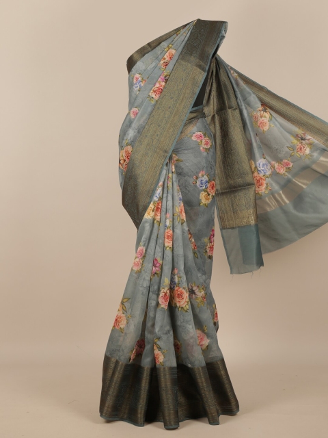 

Pothys Grey & Pink Floral Printed Zari Pure Phulkari Silk Saree