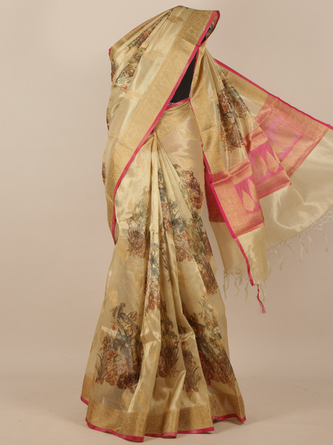 

Pothys Cream-Coloured & Pink Floral Pure Silk Saree