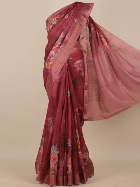 

Pothys Maroon & Pink Floral Printed Phulkari Pure Silk Saree