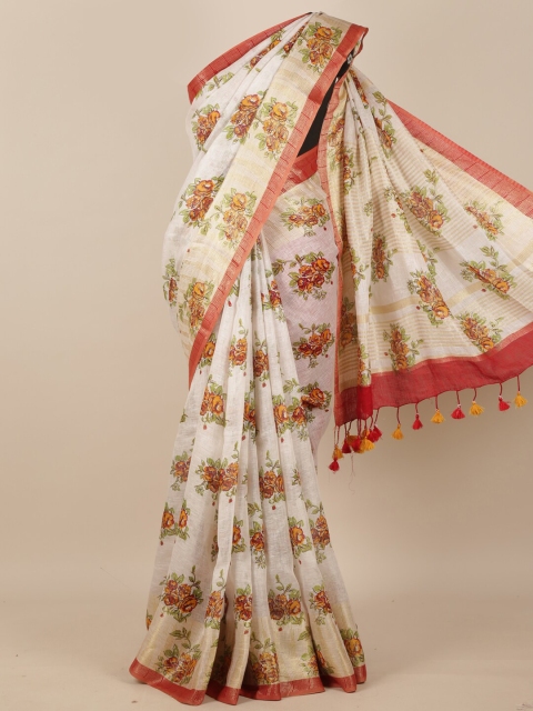 

Pothys Cream-Coloured & Red Floral Printed Matka Pure Silk Saree
