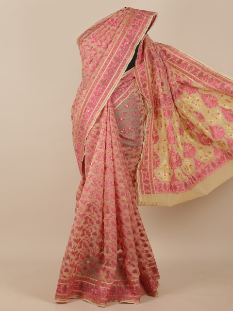 

Pothys Cream-Coloured & Pink Woven Design Zari Pure Silk Saree