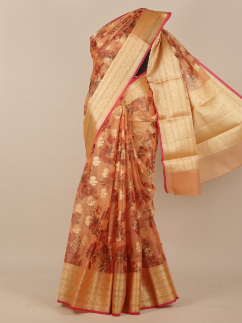 

Pothys Orange & Brown Floral Zari Pure Kosa Silk Saree