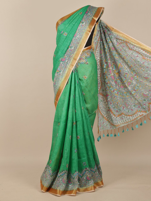 

Pothys Green & Gold-Toned Floral Zari Pure Silk Saree